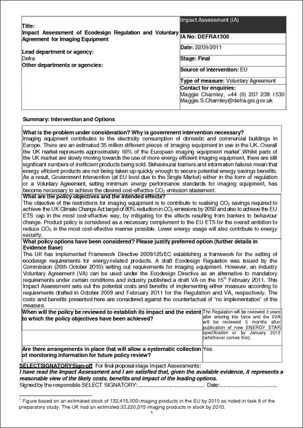 Impact Assessment of Ecodesign Regulation and Voluntary Agreement for Imaging Equipment