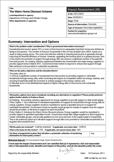 Impact Assessment to The Warm Home Discount Regulations 2011