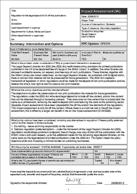 Impact Assessment: Regulation for the legal deposit of UK off line publications