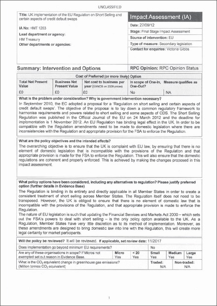 Impact Assessment to The Financial Services and Markets Act 2000 (Short Selling) Regulations 2012