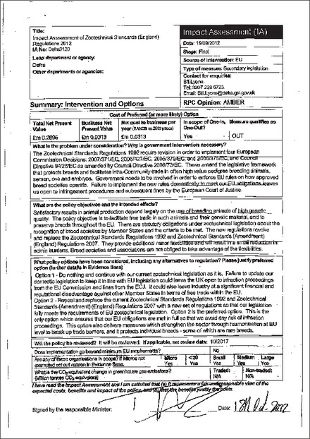 Impact Assessment to The Zootechnical Standards (England) Regulations 2012