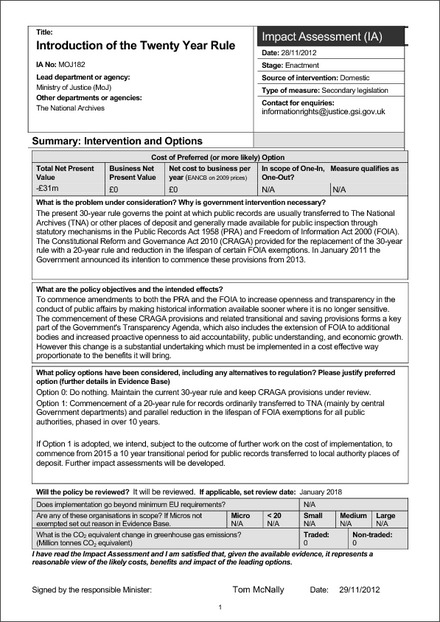 Impact Assessment to The Freedom of Information (Definition of Historical Records) (Transitional and Saving Provisions) Order 2012