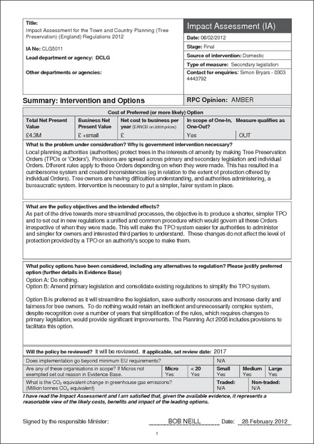 Impact Assessment to The Town and Country Planning (Tree Preservation)(England) Regulations 2012