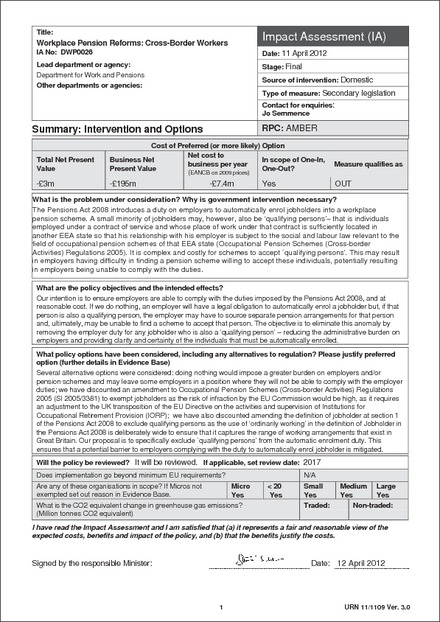 Impact Assessment to The Occupational and Personal Pension Schemes (Automatic Enrolment) (Amendment) (No. 2) Regulations 2012