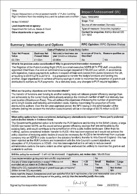 Impact Assessment to The Public Bodies (Abolition of the Registrar of Public Lending Right) Order 2013