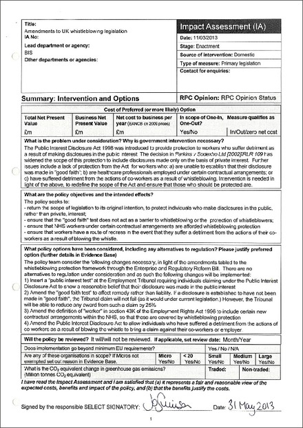 Impact Assessment to Enterprise and Regulatory Reform Act 2013