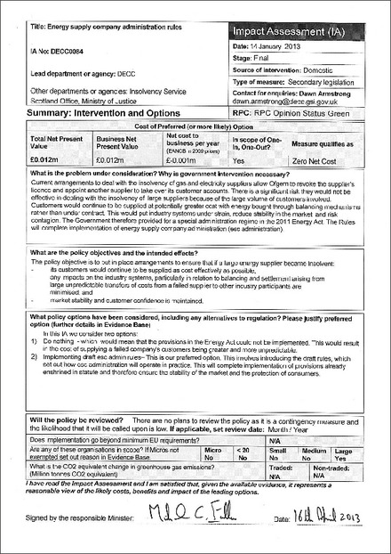 Impact Assessment to The Energy Supply Company Administration Rules 2013