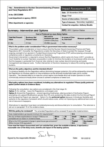 Impact Assessment to The Nuclear Decommissioning and Waste Handling (Finance and Fees) Regulations 2013