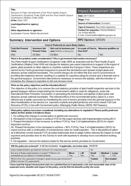 Impact Assessment to The Plant Health (Export Certification) (England) (Amendment) Order 2013
