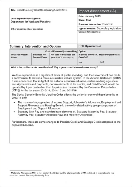 Impact Assessment to The Social Security Benefits Up-rating Order 2013