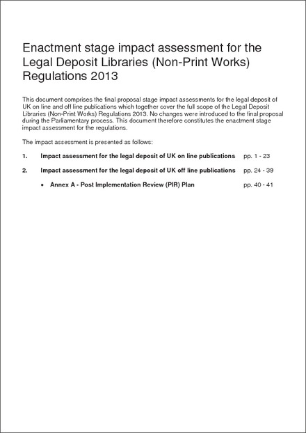 Impact Assessment to The Legal Deposit Libraries (Non-Print Works) Regulations 2013