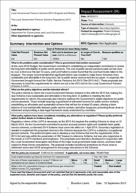 Impact Assessment to The Local Government Pension Scheme Regulations 2013