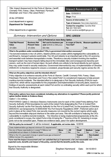 Impact Assessment to The Port Security (Port of Barrow) Designation Order 2013