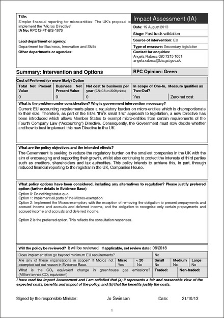 Impact Assessment to The Small Companies (Micro-Entities' Accounts) Regulations 2013