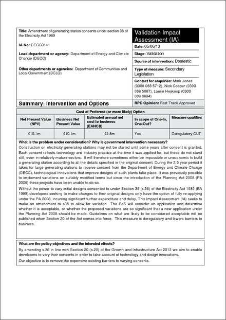 Impact Assessment to The Electricity Generating Stations (Variation of Consents) (England and Wales) Regulations 2013