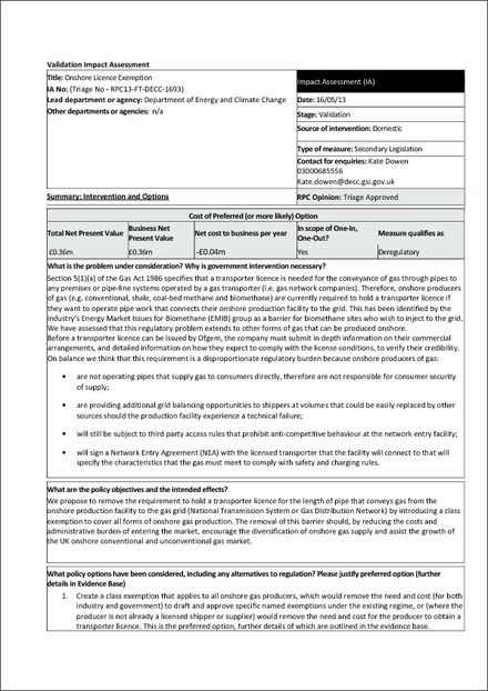 Impact Assessment to The Gas Act 1986 (Exemption) (Onshore Gas) Order 2013