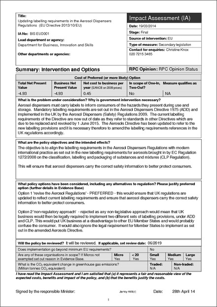 Impact Assessment to The Aerosol Dispensers (Amendment) Regulations 2014