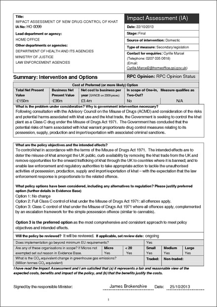 Impact Assessment to The Misuse of Drugs Act 1971 (Amendment) Order 2014