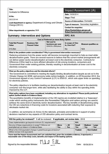 Impact Assessment to The Electricity Market Reform (General) Regulations 2014