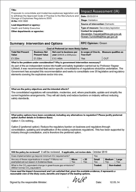 Impact Assessment to The Explosives Regulations 2014