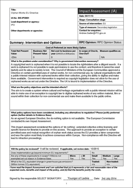 Impact Assessment to The Copyright and Rights in Performances (Certain Permitted Uses of Orphan Works) Regulations 2014