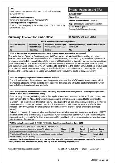 Impact Assessment to The Motor Vehicles (Tests) (Amendment) Regulations 2014