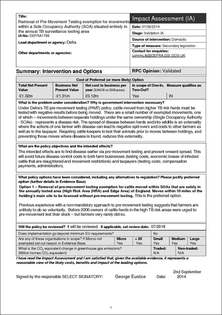 Impact Assessment to The Tuberculosis (England) Order 2014 (revoked)