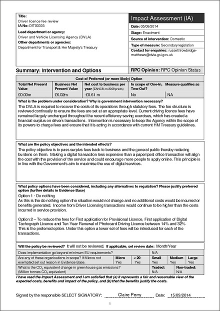 Impact Assessment to The Motor Vehicles (Driving Licences) (Amendment) (No.2) Regulations 2014