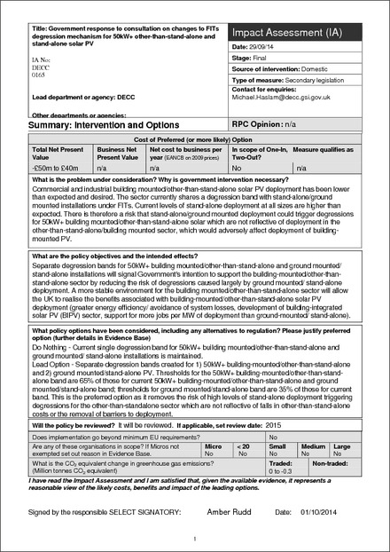 Impact Assessment to The Feed-in Tariffs (Amendment) (No. 2) Order 2014