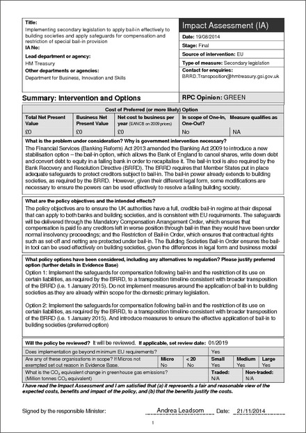 The Bank Recovery and Resolution Order 2014 - Impact Assessment