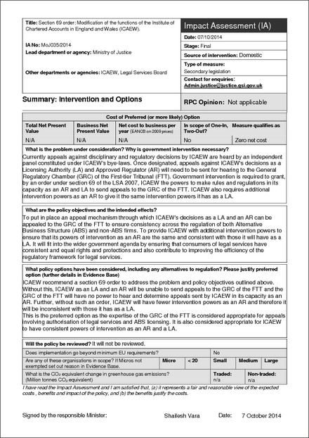 Impact Assessment to The Legal Services Act 2007 (The Institute of Chartered Accountants in England and Wales) (Modification of Functions) Order 2014