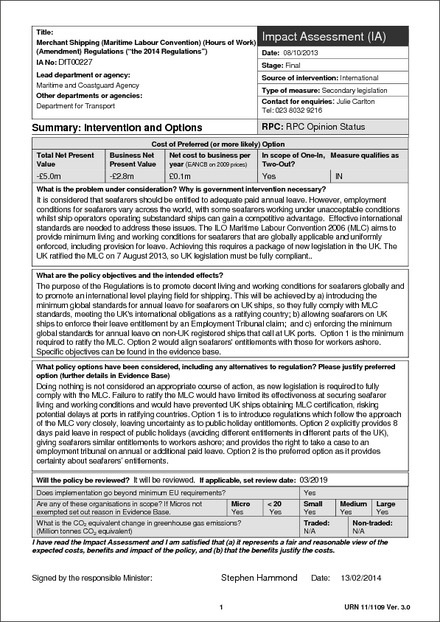 Impact Assessment to The Merchant Shipping (Maritime Labour Convention) (Hours of Work) (Amendment) Regulations 2014