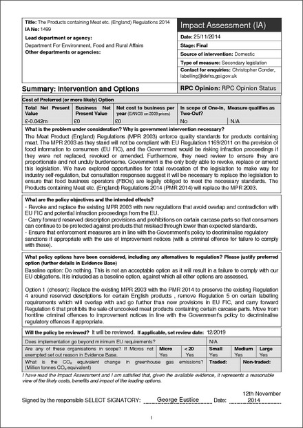 Impact Assessment to The Products Containing Meat etc. (England) Regulations 2014