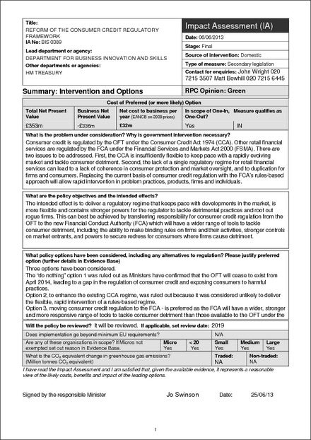 Impact Assessment to The Financial Services and Markets Act 2000 (Consumer Credit) (Transitional Provisions) Order 2014