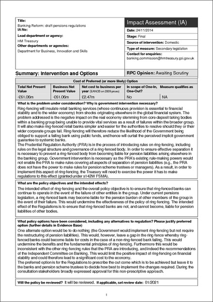 Impact Assessment to The Financial Services and Markets Act 2000 (Banking Reform) (Pensions) Regulations 2015