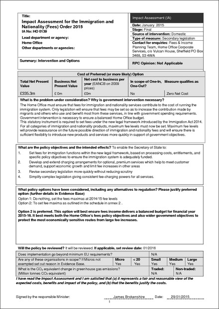 Impact Assessment to The Immigration and Nationality (Fees) Order 2015