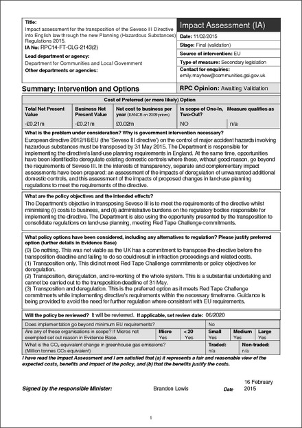 Impact Assessment to The Planning (Hazardous Substances) Regulations 2015