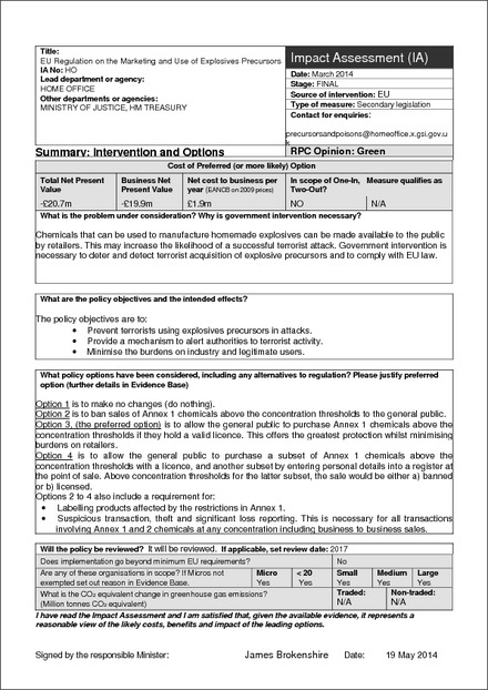 Impact Assessment to The Control of Poisons and Explosives Precursors Regulations 2015