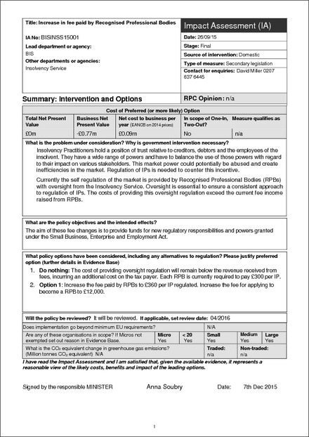 Impact Assessment to The Insolvency Practitioners and Insolvency Services Account (Fees) (Amendment) Order 2015