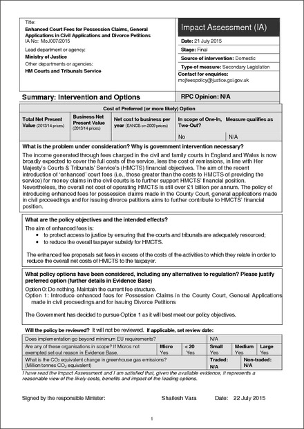 Impact Assessment to The Civil Proceedings, Family Proceedings and Upper Tribunal Fees (Amendment) Order 2016