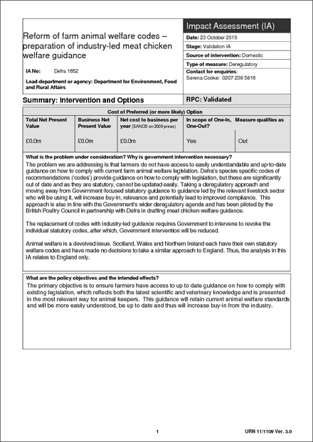 Impact Assessment - Reform of farm animal welfare codes – preparation of industry-led meat chicken welfare guidance