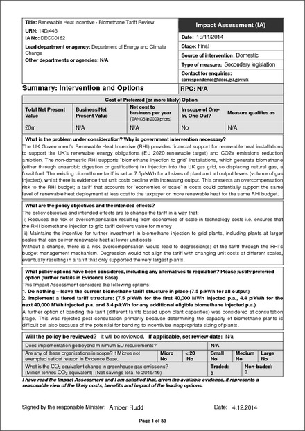 Impact Assessment to The Renewable Heat Incentive Scheme (Amendment) Regulations 2015