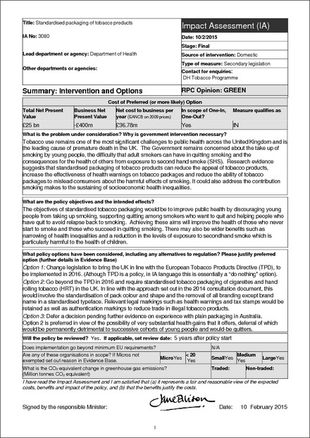 Impact Assessment to The Standardised Packaging of Tobacco Products Regulations 2015