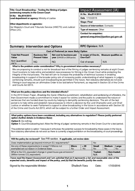 Impact Assessment to The Crown Court (Recording) Order 2016