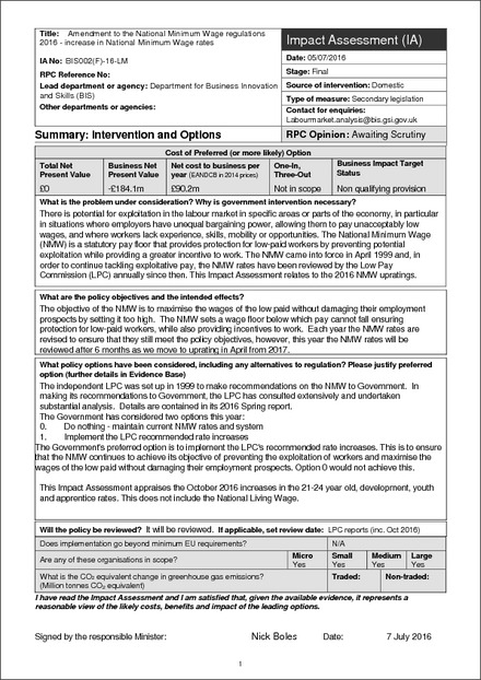 Impact Assessment to The National Minimum Wage (Amendment) (No. 2) Regulations 2016