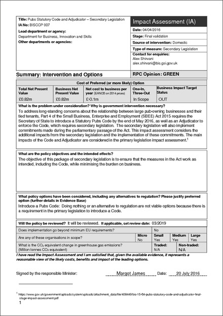 Impact Assessment to The Pubs Code (Fees, Costs and Financial Penalties) Regulations 2016