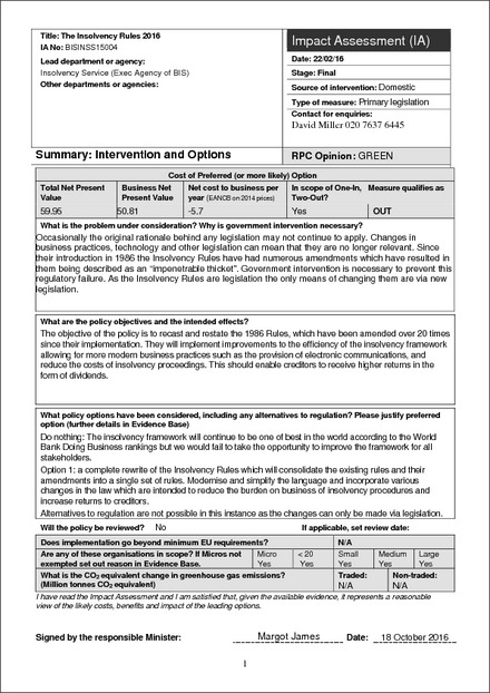 Impact Assessment to The Insolvency (England and Wales) Rules 2016