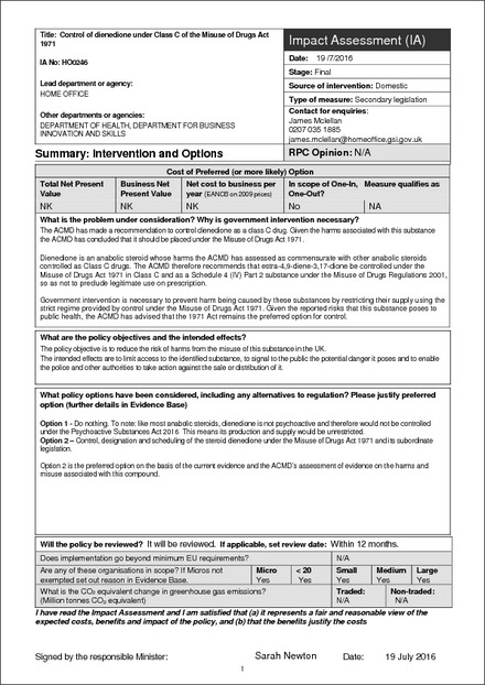 Impact Assessment to The Misuse of Drugs Act 1971 (Amendment) Order 2016