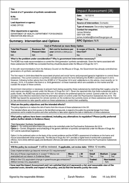 Impact Assessment to The Misuse of Drugs (Amendment) (England, Wales and Scotland) Regulations 2016