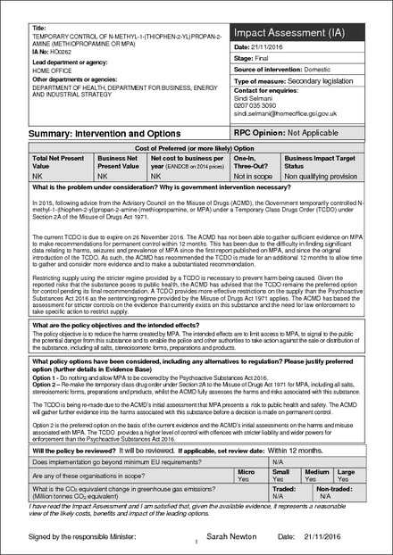 Impact Assessment to The Misuse of Drugs Act 1971 (Temporary Class Drug) (No. 2) Order 2016